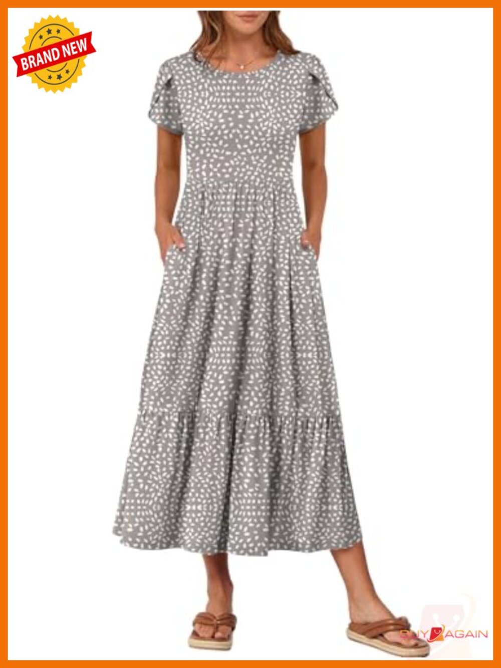 Womens Petal Short Sleeve Maxi Dress with Pockets Flowy A-Line